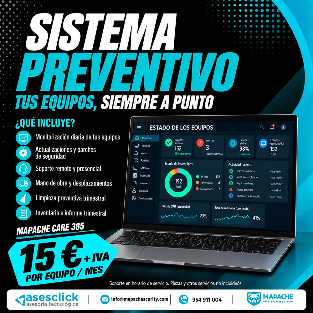 Sistema preventivo Mapache Care 365 por 15 € + IVA por equipo al mes