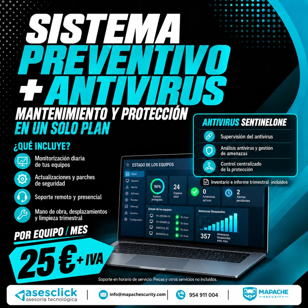 Sistema preventivo + antivirus SentinelOne por 25 € + IVA por equipo al mes